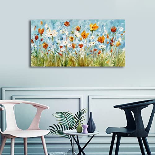 Image of VEAEE Wildflowers Canvas Wall Art Daisy Flowers Canvas Pictures Abstract Orange Red Green Floral Blossom Landscape Painting for Living Room Bedroom Kitchen Dining Room Home Office Decor 20 inchx40 inch
