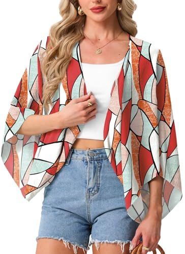 GRECERELLE Women's Summer Floral Print Lightweighr Cardigan Short Sleeve Loose Casual Cropped Cover Ups, Colorful Geometry, XL