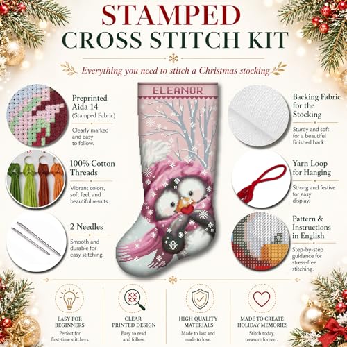 Image of Cross Stitch Kits for Adults Stamped Personalized Christmas Stockings, Cute Penguin Needlepoint Counted Easy Simple Animal Cross-Stitch Patterns for Beginners Embroidery Kit for Holiday Home Decor DIY