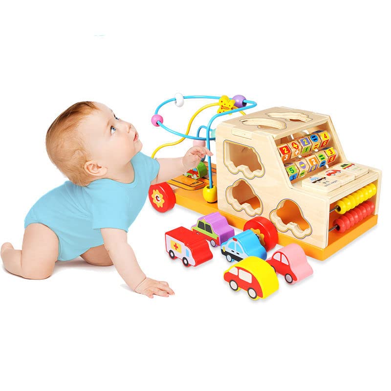 Image of Activity Cube Toys for Kids Developmental Toddler Educational Learning Activity Center Wooden Car Toy Birthday Cute Safe Wooden Toddler Toy Car for Kids