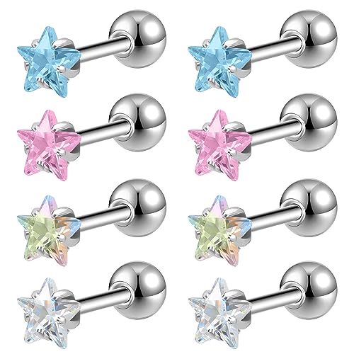 ZS 4 Pairs Shiny Cubic Zirconia Cartilage Earrings 16G Surgical Steel Stud Earrings Tragus Helix Conch Ear Piercing Sets
