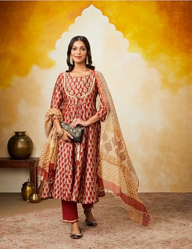 Image of Amazon Brand - Myx Women's Silk Chanderi Handblock Printed Authentic Kurta Set with Dupatta (Anarkali | Bagru Print) (Available in Plus Sizes)