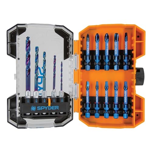 Spyder 15-Piece Drill Bit and Impact Driver Bit Kit Mach-Blue Plating IMPACTive Alloy Tool Steel Torsion Zones