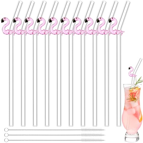 Meanplan 10 Pcs Flamingo Glass Straws, Reusable Tropical, Flamingos, Pink
