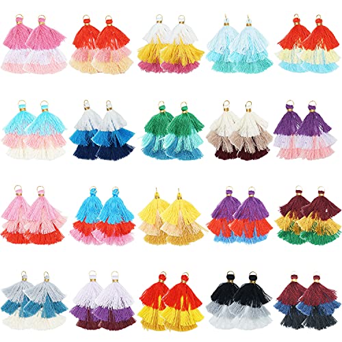 40PCS/20Pairs Handmade Mini Tassels Keychain Tassels Multicolored Tri-Layered Tassels with Golden Jump Ring for Earring Jewelry Making, DIY Craft Accessory (2.2 Inches)
