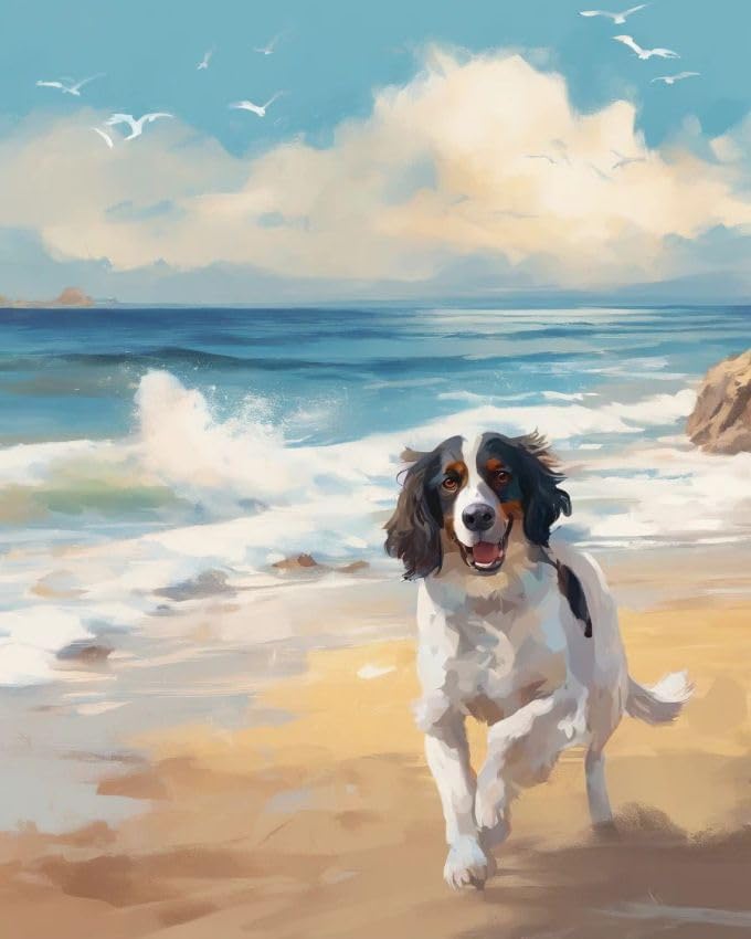 Paint by Number Kits Springer Spaniel Dog on The Beach DIY Digital Canvas Oil Painting Art Decor for Adults Beginner,40x50cm Frameless