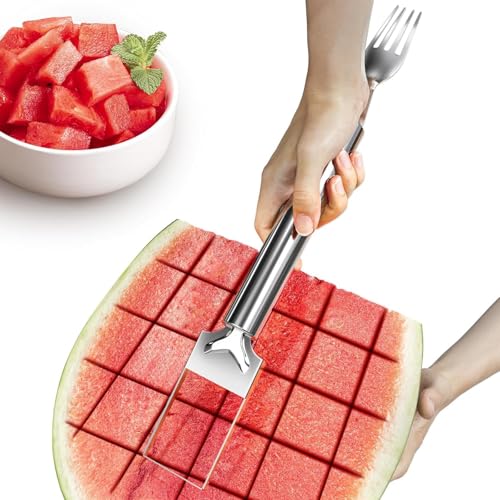 Image of 2-in-1 Watermelon Cutter & Fork Slicer, Stainless Steel Fruit Cutter Tool, Portable Watermelon Slicer Fork for Home, Kitchen, Camping & Party Use