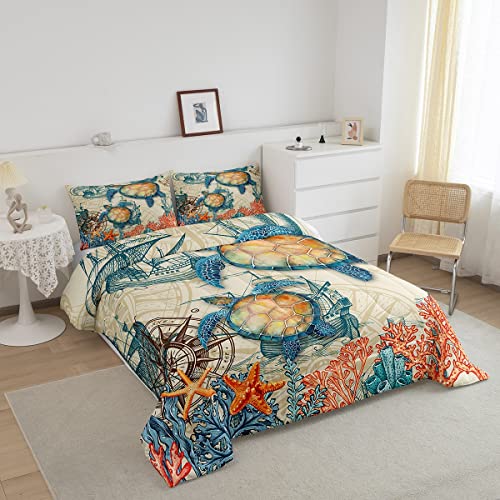 Sea Turtle Bedding Set Queen Size Colorful Coral Starfish Comforter Set 3 Pieces For Kids Teens Adults Sailing Ocean Nautical Theme Duvet Insert Bedroom Decor Soft With 2 Pillowcases #TOP2