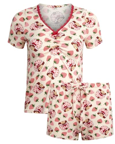 Image of COCO BRANDS Peanuts Snoopy Strawberry Shortcake Womens Pajama Sets - 2 Piece Short Sleeve Sleep Shirt and Pajama Shorts