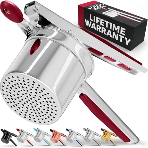 PriorityChef Large 15oz Potato Ricer, Heavy Duty Stainless Steel Potato Masher and Ricer Kitchen Tool, Press and Mash Kitchen Gadget For Perfect Mashed Potatoes - Everytime, Red