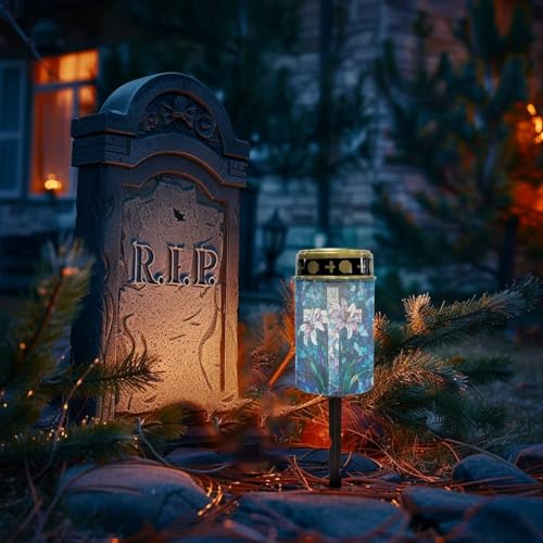 Image of Cemetery Solar Lights for Grave, Cross Lily Pattern Outdoor Decor, Outdoor Garden Waterproof Path Lights for Night Outside