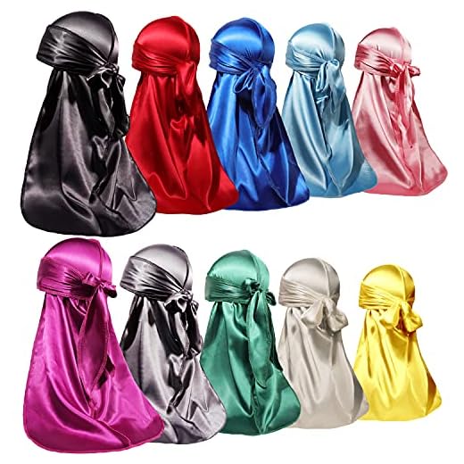 10 Pieces Silky Durags Long Tail for Women Men Satin Durag 360 Wave，Dorag, 10 Colors
