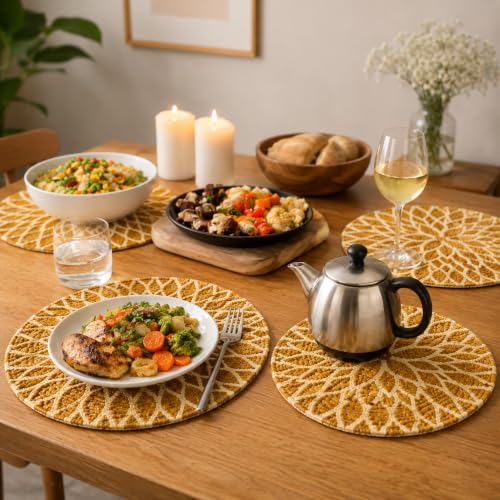Image of Zimittory Round Cotton Dining Table Mats Set of 2, 14-inch, Gold Leaf