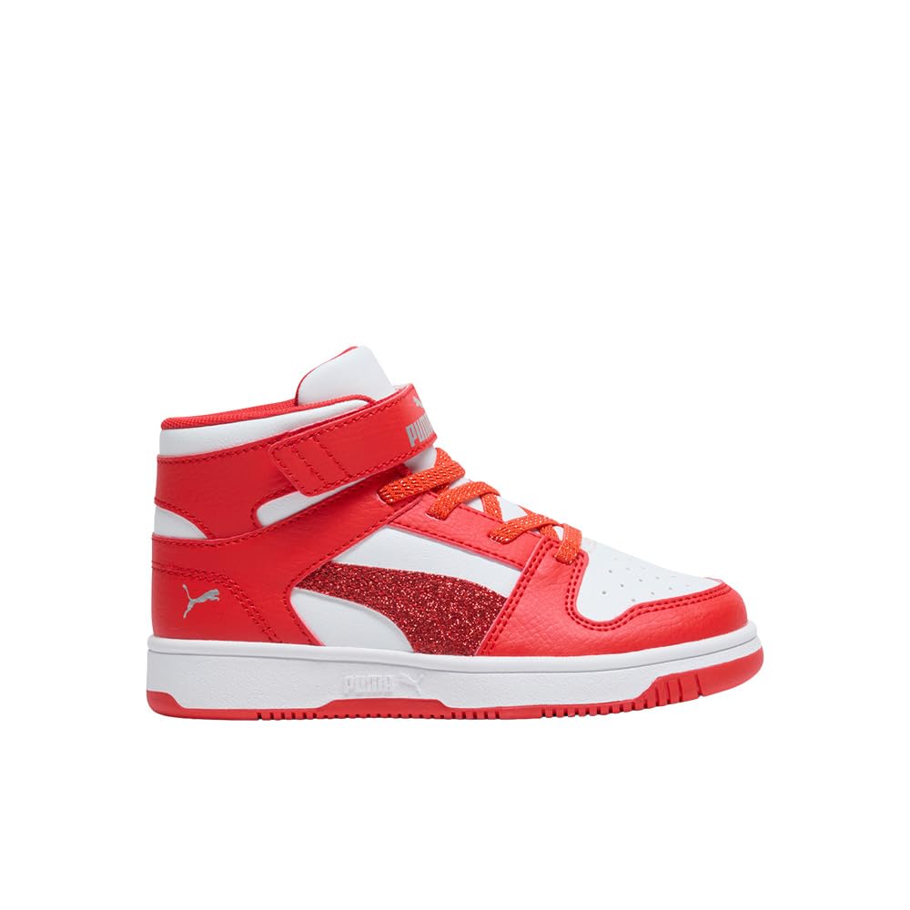 PUMA Rebound Layup Mid Hook and Loop Shoes (Little Kid) Sneaker, White Red Silver, 11.5 US Unisex