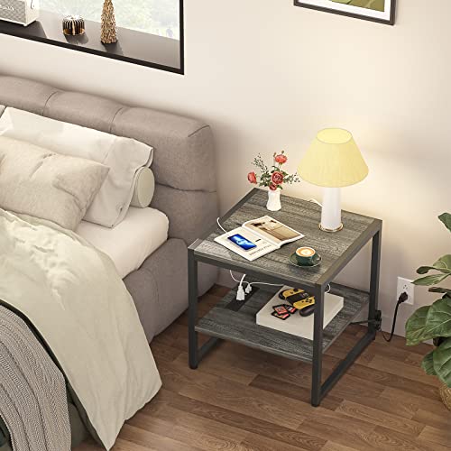 Homieasy End Table With Charging Station, 20 Inch Square Side Table With Usb Ports & Power Outlets, Grey Nightstand With 2-Tier Storage Shelf, Mini Fridge Stand For Small Spaces, Black Oak #TOP5
