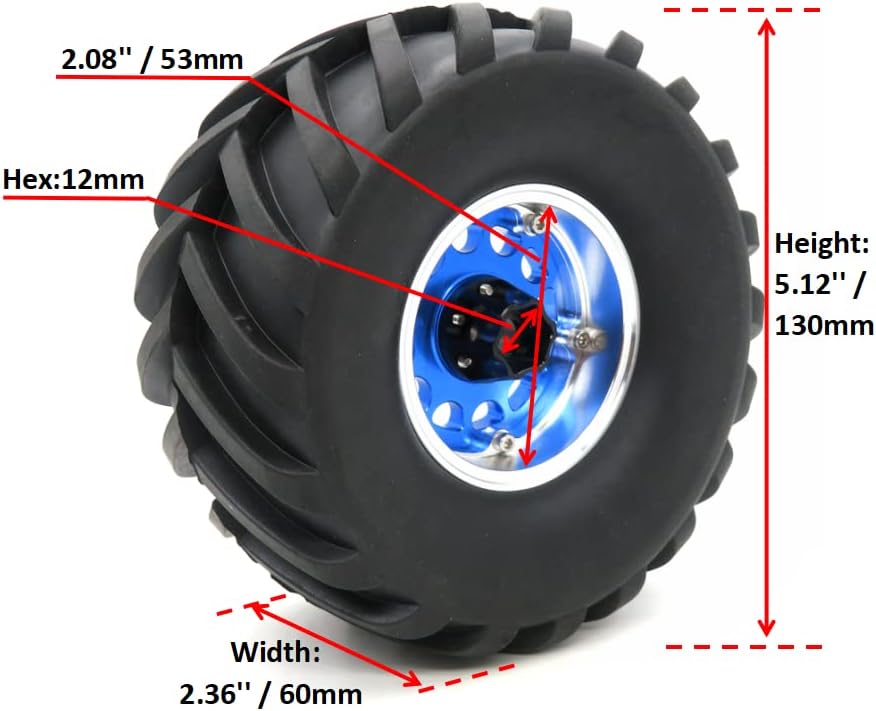 Miniatura 2 de HOBBYSOUL Neumáticos de altura de 5.12 pulgadas  5.118 in y 4 compensaciones ajustables, ruedas Beadlock 2.2, llantas azul plateado aptas para RC