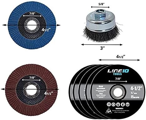 LINE10 Tools 4-1/2-inch Angle Grinder Attachments Kit, Wire Brush, Grinding Flap Discs, Cutting Wheels