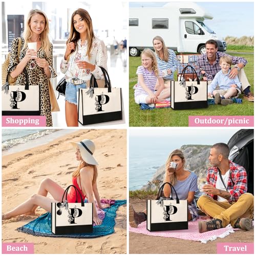 Image of Tecanne Personalized Initial Canvas Tote Bag, Suitable for Birthday, Wedding, Beach, Holiday, Gifts for Women, Mom, Teachers, Nurses, Best Friends, Bridesmaids (P)