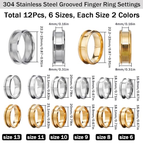 SUNNYCLUE 1 Box 12Pcs Stainless Steel Ring Blanks Blank Core Ring Settings US Size 7/8/9/10/11/12 Grooved Finger Rings Base Round Empty Rings Inlay Blanks for jewellery Making Kits Adult DIY Craft - Image 2