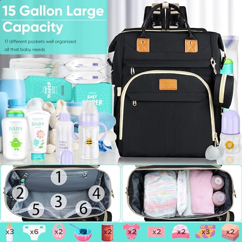 ZRSUN Foldable Diaper Bag Backpack, USB Charging Port & Large Storage – Stylish, Multi-Functional Travel Essential for Moms & Dads On-the-Go, Black
