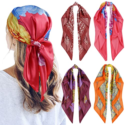 QBSM 4 Pcs 35'' Satin Head Scarf Silk Feeling Neck Scarves Hair Wraps for Sleeping Large Square Headscarf for Women, Royal Flowers, L