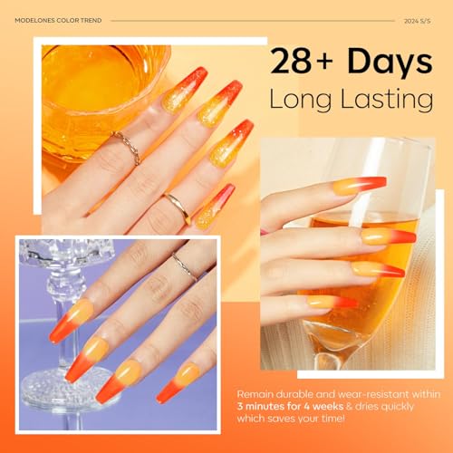 Image of modelones Fall Gel Nail Polish Orange Color Changing Glitter Coral Temperature Mood Changed Halloween Nail Polish Soak Off Autumn Color Manicure Home DIY Gifts 15ml