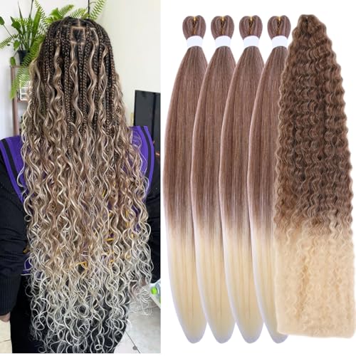 Cabello trenzado de color marrón a rubio preestirado, sin nudos, de sirena, para trenzar boho de onda profunda, color 30/613# rizado para trenzar (5 paquetes)