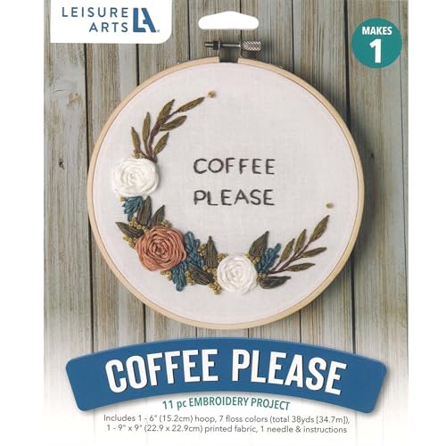 Image of Leisure Arts Embroidery Kit 6 inch Coffee Please - cross stitch kits for beginners - embroidery kit for beginners - embroidery kits for adults - embroidery kits for adults