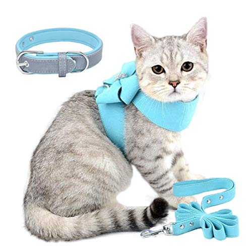 Cute Small Dog Harness, Ladies Bow Knot Cat Dog Vest Harness Set with Pink Leash and Bling Rhinestone Collar, 3 in 1 Girl Style Vest Harness Set for Cat and Tiny Puppy Chihuahua Yorkie (S, Blue)