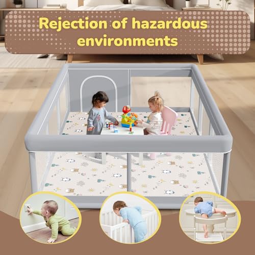 Image of besuhot Large Baby Playpen 74 inchx50 inch with Mat Play Pens for Babies and Toddlers, Large Play Yards for Indoor & Outdoor with Zipper Gates