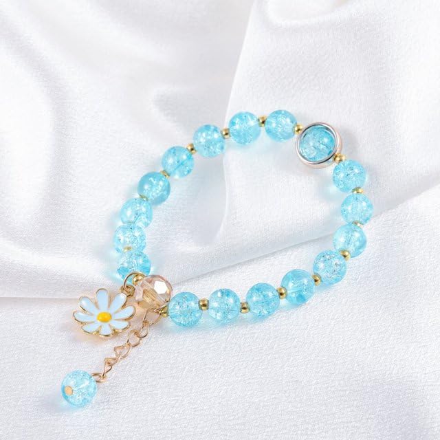 Image of El Regalo 1 PC Dailsy Flower Sparkly Crystal Beads Tassel Bracelet for Girls /Teens /Women- Cute Crackle Beads Daisy Flower Stretch Bracelet