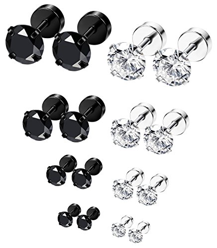 ORAZIO 8 Pairs 18G Stainless Steel Ear Stud Piercing Barbell Studs Earrings Round Cubic Zirconia Inlaid