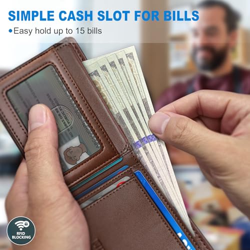 Image of miyozi AirTag Wallet for Men, Slim Leather Bifold with Holder Slot, 2 ID Windows & 13 Card Slots, RFID Blocking Front Pocket Wallet with Gift Box