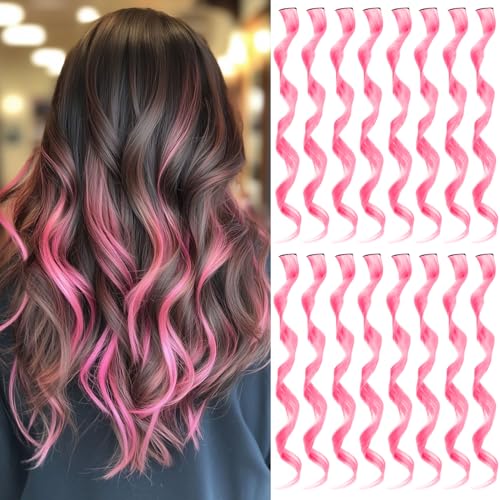 TOFAFA 16 Pcs Pink Hair Extensions Curly Wavy Clip in Synthetic Hair Extensions Colorful Party Highlights Hairpiece Streak for Women Girls Cosplay Party Gift(Pink)