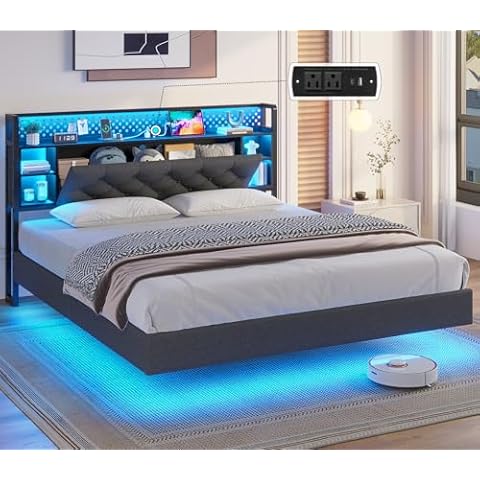 ADORNEVE Floating Bed Frame Queen with Hidden Storage Headboard, LED Lights, Queen Size Visual Floating LED Bed Frame with Charing Station,Queen Floating Platform Bed, Noise-Free, Dark Grey Cover