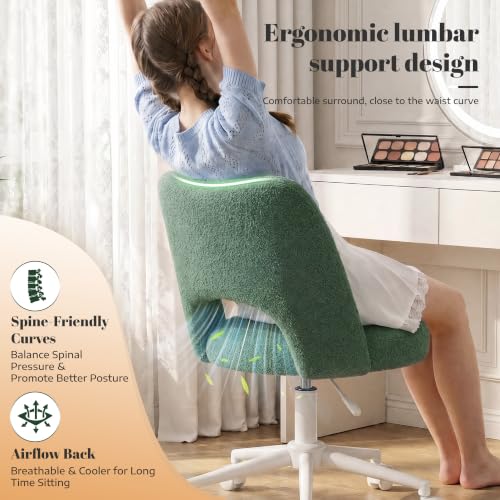 Image of DurayLoly Vanity Chair with Wheels,Open Back,Armless,Green | Soft Teddy Fabric, 6 inch Thick Cushion, Height Adjustable, 300 lbs, 360 Swivel for Vanity Table, Home Office