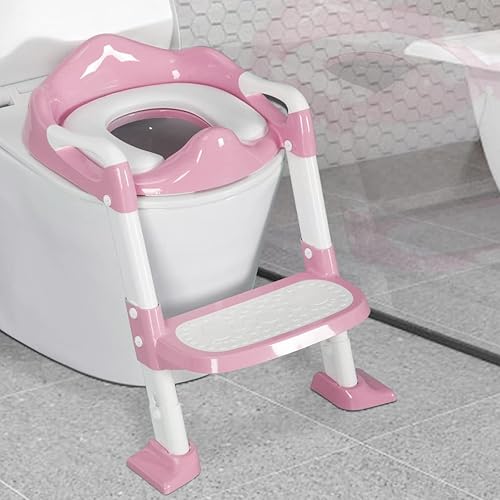 BRINJOY Asiento de entrenamiento para ir al baño con escalera, asiento plegable para inodoro con protector contra salpicaduras y asiento acolchado,
