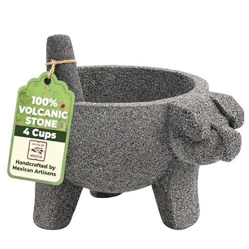 YOPIDO 9 inch Molcajete Mortar and Pestle with Pig Design, Mexican Handmade with Lava Stone Ideal as Herb Bowl, Spice Grinder, Volcanic Stone