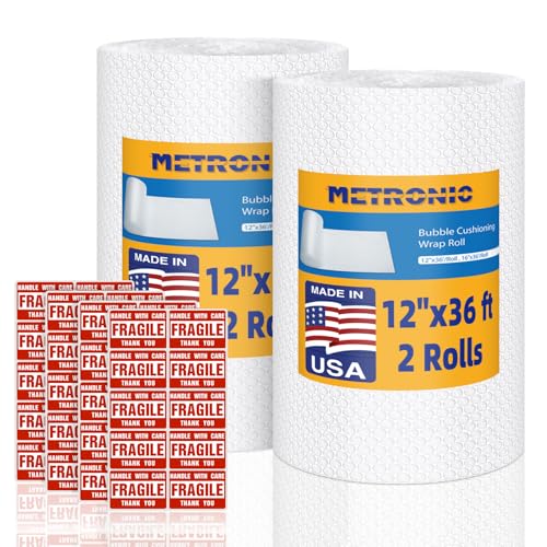 Metronic Bubble Cushioning Wrap 2 Pack 12 Inch x 72ft Total, Dense Bubble Packing Air Wrap Clear Bubble Packing Roll for Shipping and Moving Supplies, Perforated Every 12