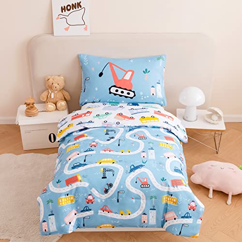 Perfemet 4-Piece Toddler Bedding Set Driving Cars On Road Printed Bed In A Bag Comforter Set Reversible Lightweight Blue Cars Toddler Bed Set With Sheets(Blue, Cars) #TOP1