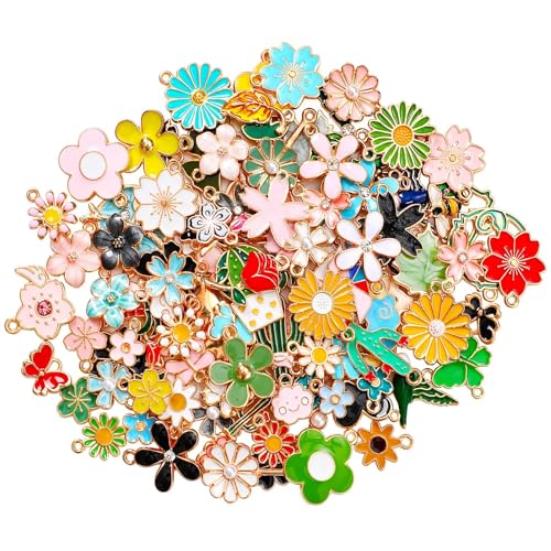 AONELAS MARFOREVER Lot de 120 breloques en forme de fleur sur le thème floral du printemps pour la fabrication de bijoux, pendentifs assortis en émail doré pour...