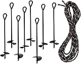 Ashman Black Ground Anchor (8 Pack) 15 Inches in Length and 10MM Thick in Diameter with 50 Feet of Rope