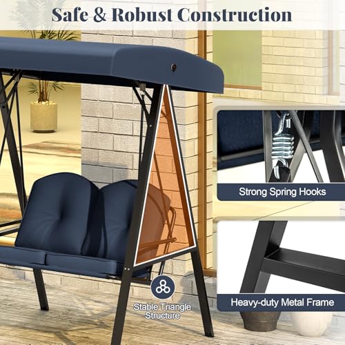 Image of HAPPYGRILL 2-Person Porch Swing, Outdoor Loveseat Swing with Adjustable Canopy & Heavy-Duty Metal Frame, Cushioned Swing with Stand for Porch, Backyard, Garden (Navy)