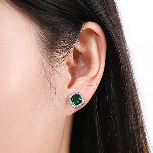 CZ Stud Earrings, Created Emerald Earrings for Women YOMELA 10MM Square Green Halo Stud Earrings Hypoallergenic for Women by YOMELA - Image 5