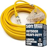 50-ft 12/3 Heavy Duty 3-Outlet Lighted SJTW Indoor/Outdoor Extension Cord by Watt's Wire - Yellow 50' 12-Gauge Grounded 15-Amp Three-Prong Power-Cord (50 foot 12-Awg)