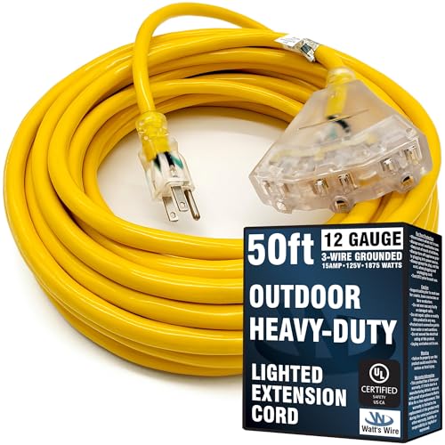50 ft Outdoor Extension Cord Waterproof - 12 Gauge Heavy Duty Extension Cord 50 ft - Lighted Outdoor Extension Cords with Multiple Outlets - Watts Wire - 50' Grounded - extensiones electricas