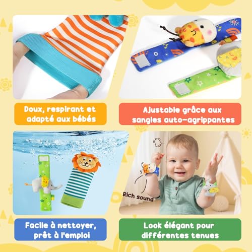 URMYWO Hochet Bébé Chaussettes Et Bracelets, Jouet Bébé 0-9 Mois – vue 3