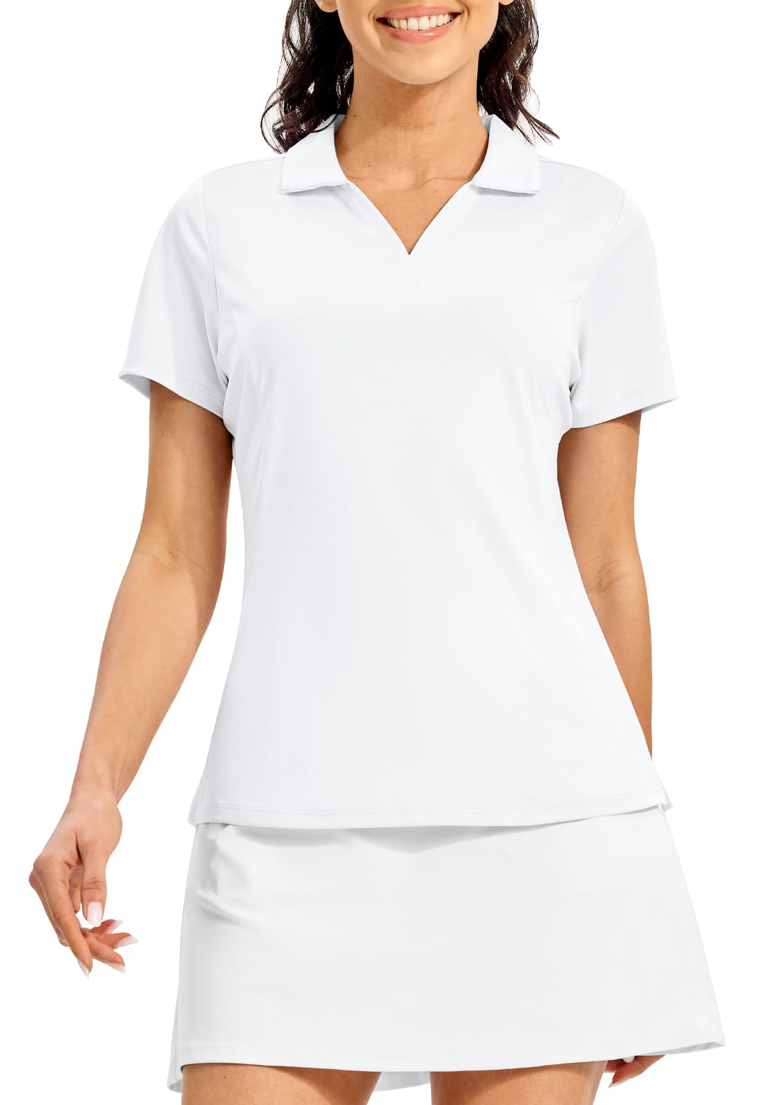 Rdruko Women's Golf Polo Shirts Dry Fit Collared Tennis Casual Work Shirts V Neck Moisture Wicking Short Sleeve, White, L
