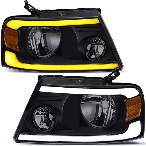oEdRo LED DRL Headlight Assembly Replacement for 2004-2008 Ford F150 F-150, Headlamps w/ Sequential Turn Signal, Smoked Lens Black Housing - Pair Set