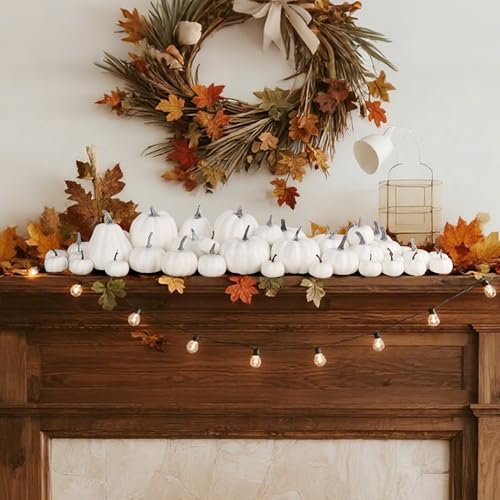 Image of winemana 46 Pcs Artificial White Pumpkins Fall Decorations | Assorted Size, Paintable, Foam Pumpkin, Halloween Thanksgiving Autumn Decor, For Table Centerpiece Mantle Bowl Crafts